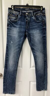 Alcott Men's distressed stone wash blue denim buttonfly jeans